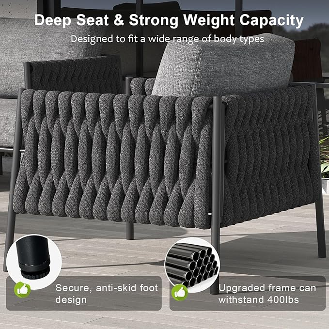 LayinSun 4 Piece Outdoor Furniture Set with Fire Pit Table, Modern Rope Woven Patio Conversation Sofa Set with Olefin Braid and Deep Seating