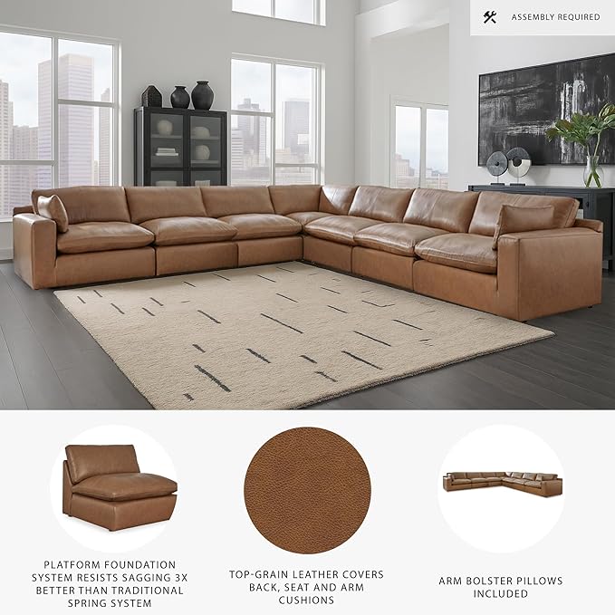 Signature Design by Ashley Emilia Modern L-Shaped Leather Match Modular Anti Sag 7-Piece Sectional with Loose Back Cushions and 2 Bolster Pillows, Orange