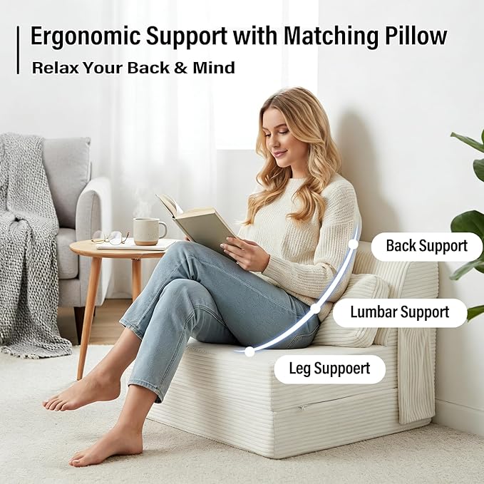Folding Sofa Bed with Pillow, Convertible Sleeper Chair, Comfy Floor Futon Couch Mattress Lounge Sofa for Adults Portable Fold Out Chair Bed for Living Room Bedroom, Single, Beige