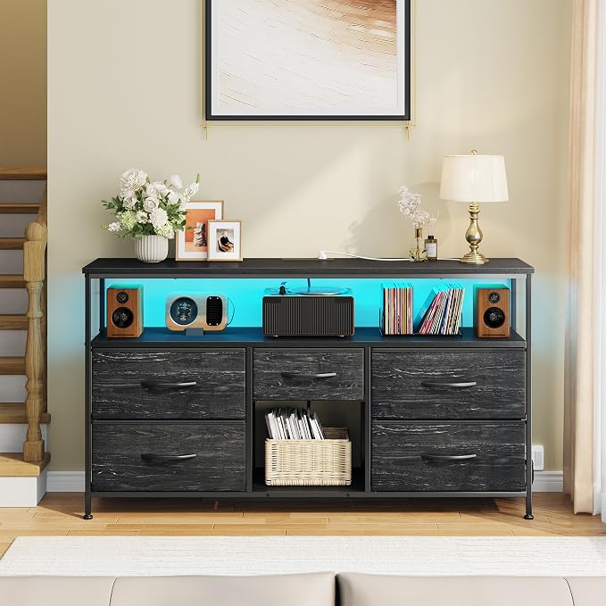 TV Stand for Bedroom with LED Lights & Power Outlets, 5 Drawers Dresser Entertainment Center for 45/50" TV, Fabric Dressers with Storage Wood Shelves for Living Room,Dorm, Sturdy Metal Frame, Black - Image 7