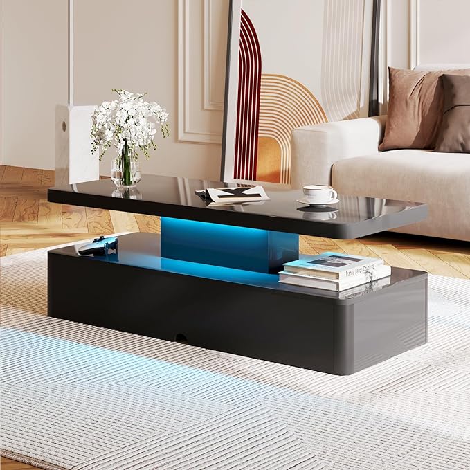 MXV Modern Coffee Table, 40 Inches Coffee Tables with 16 Colors LED Lights, 2 Tier Rectangular Center Table, Large Storage Space, High Glossy Wooden Tea Table for Living Room, Bedroom, Office, Black