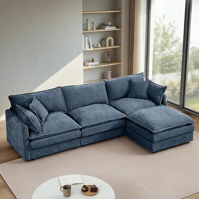 102" Cloud Couch Sectional, Modular Sectional Sofa with Chaise & 4 Removable Washable Pillows, Oversized L-Shaped Couch for Living Room, Modern 3-Seat Cloud Sofa Sectional with Deep Seat, Blue