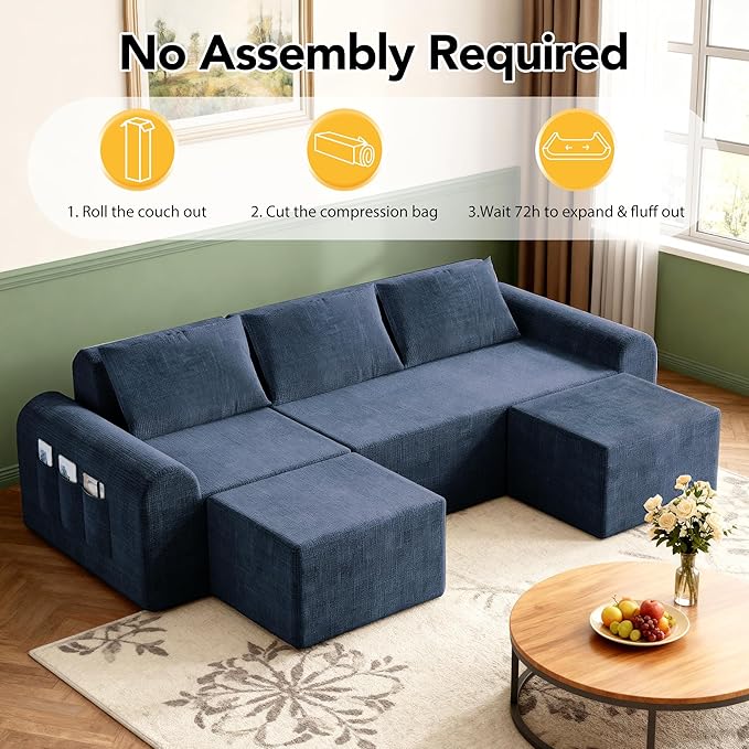 Cloud Modular Sectional Sofa, No Assembly Deep Seat Chenille Couch with 2 Ottomans, 3-Seater Modular Sofa for Living Room, Blue