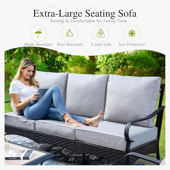 Sophia & William Patio Furniture Set, 4 Piece Metal Outdoor Conversation Set with 3-Seater Outdoor Couch, 2 Sofa Chairs, 1 Coffee Table for Outdoor Seating, Backyard, Porch(Grey)
