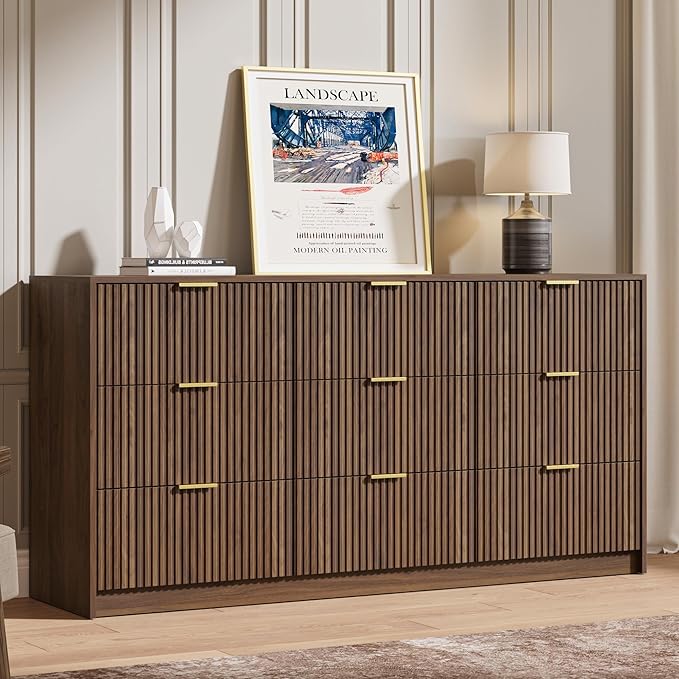 MAISONARIA 3-Piece Dresser Bedroom Set, 6 Drawer Dresser & 2 Drawer Nightstands with Gold Handles, Fluted Wood Chest of Drawers for Bedroom, Living Room, Entryway, Walnut