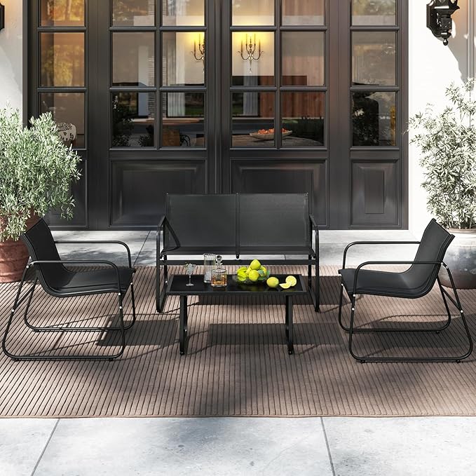 HAPPYGRILL 4 Pieces Patio Conversation Set, Fabric Lawn Chairs and Loveseat with Tempered Glass Coffee Table, Heavy Duty Metal Frame, Outdoor Furniture Set for Porch, Garden and Poolside