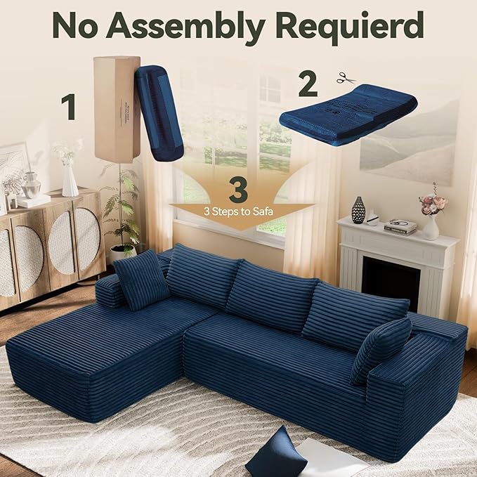 106" Modular Sectional Sofa, Blue Corduroy Cloud Couch with Right Chaise, Deep Seat Boneless Floor Sofa for Living Room, High-Resilience Foam Support, No Assembly Required, Includes Pillows | Sectional Sofa, Corduroy Cloud, Boneless, High-Resilience, N...