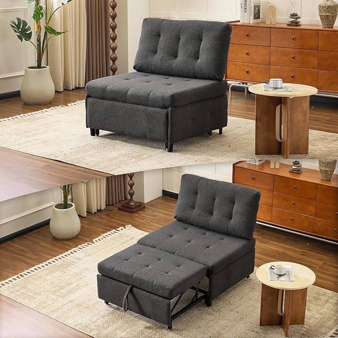 VINGLI Convertible Sofa Bed Tufted Teddy Fleece Sleeper Chair Bed Couch Armless Living Room Chairs with Adjustable Backrest Pull Out Couch Bed for Small Spaces | Armless Sofa Bed