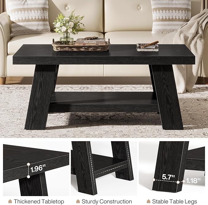 Tribesigns Rectangle Coffee Table, 47-Inch Wood Coffee Tables for Living Room, Farmhouse Long Center Tables with 2-Tier Storage Shelves for Living Room, Apartment, Home Office (Black)