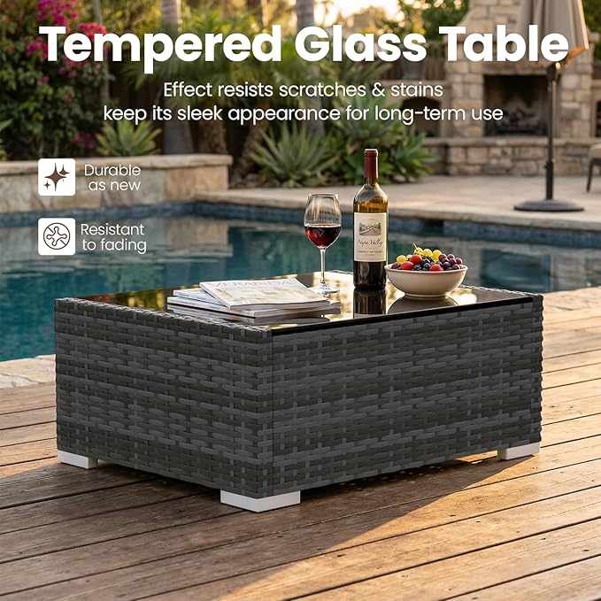 10 Pieces Patio Furniture Set with 44" Propane Gas Fire Pit Table, Outdoor Sectional Wicker Conversation Sofa Sets with Coffee Table