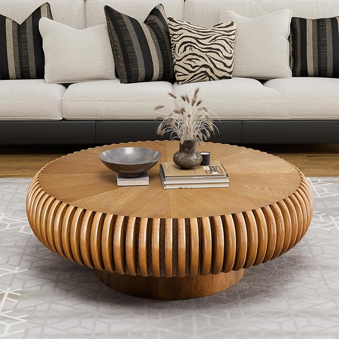 Round Drum Coffee Table Modern Unique Circle Drum Coffee Tables Mid Century Coffee Table with Sturdy Pedestal Fluted Tea Table for Living Room Office Small Space(Brown 31.5in)