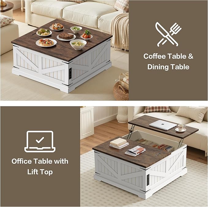 36" Lift Top Coffee Table with Storage and Charging Station, Farmhouse Square Coffee Table with Hidden Compartment, Adjustable Laptop Desk for Living Room, USB Ports and Outlets