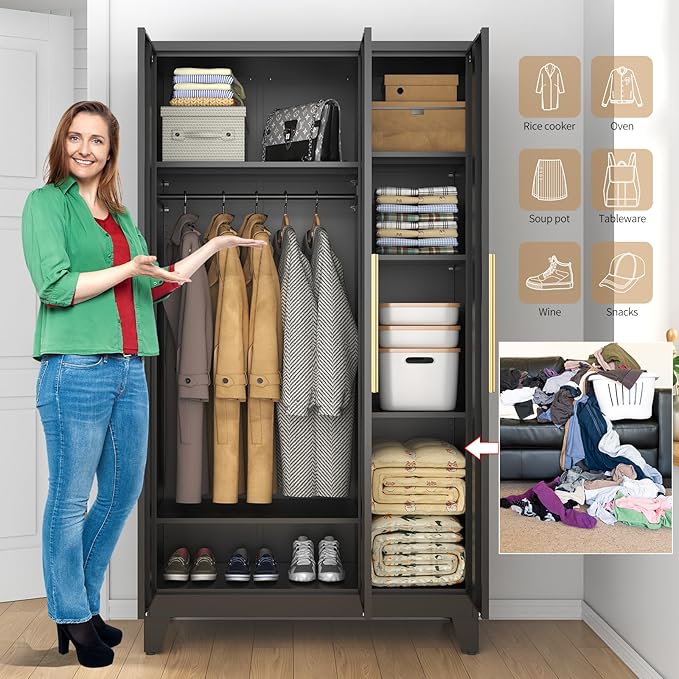 75.3" Tall Metal Armoire Wardrobe Closet with 3 Doors, Adjustable Hanging Rod and 5 Adjustable Shelves, Freestanding Storage Cabinet Organizer for Bedroom, Office, Laundry Room，Black