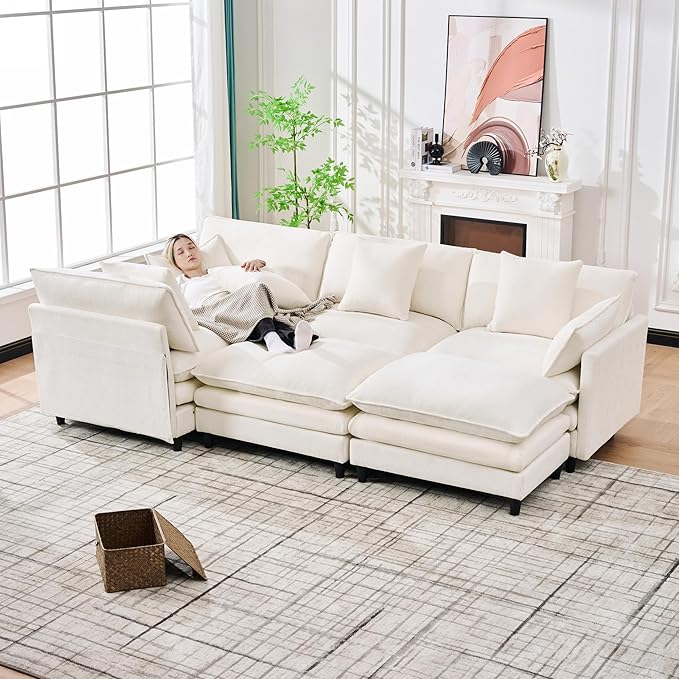Eafurn 141" Oversized Modular Sectional Sofa with Movable Ottoman, 6 Seater Modern Chenille Reversible Sofa Set, Large Convertible U Shaped Couch for Living Room Apartment