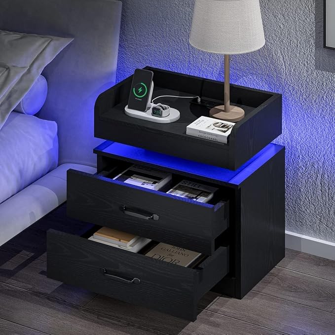 4ever2buy Black Nightstand Set of 2 with Charging Station and LED Lights Modern Bedside Tables with Drawers End Tables for Bedroom - Image 5
