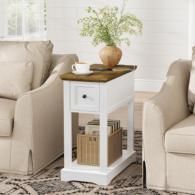 Nightstand Set of 2 with Charging Station, Side Table with Storage, Thicken Base, for Bedroom, Rustic Brown and White - Image 6
