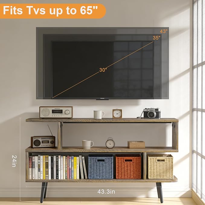 Lightdot TV Stand for Living Room, 45 inch tv Stand Mid Century Modern Entertainment Center for 55/60 inch TVs, TV Console Table with Open Storage Shelves, TV Stand for Bedroom, Dresser, Living Room - Image 3