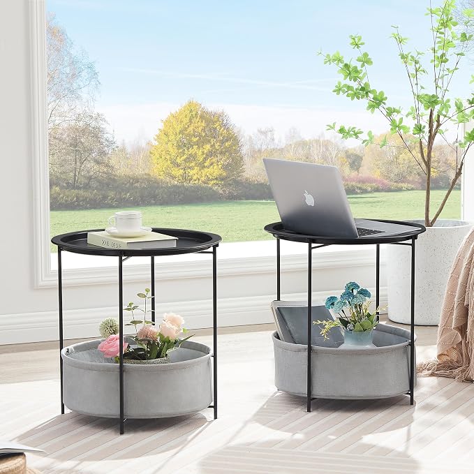VECELO Round Side/End Table with Fabric Storage Basket，Metal Anti-Rust and Waterproof Small Bedside Nightstand with Removable Tray Top for Living Room，Balcony & Laundry，Black /2pcs with Basket - Image 6