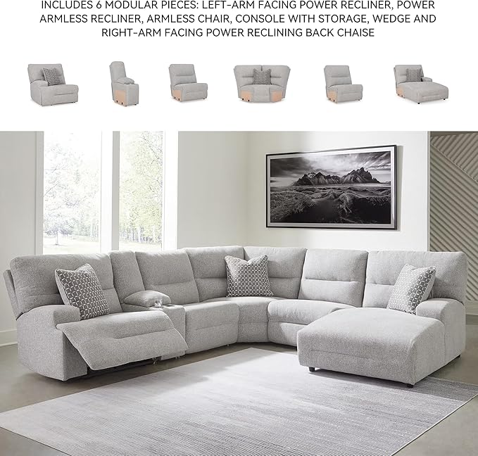 Signature Design by Ashley Acklen Place Modern U-Shaped Modular Stain-Resistant 6-Piece Power Reclining Sectional with Chaise, Adjustable Headrest, USB Charging Ports and Console, Light Gray