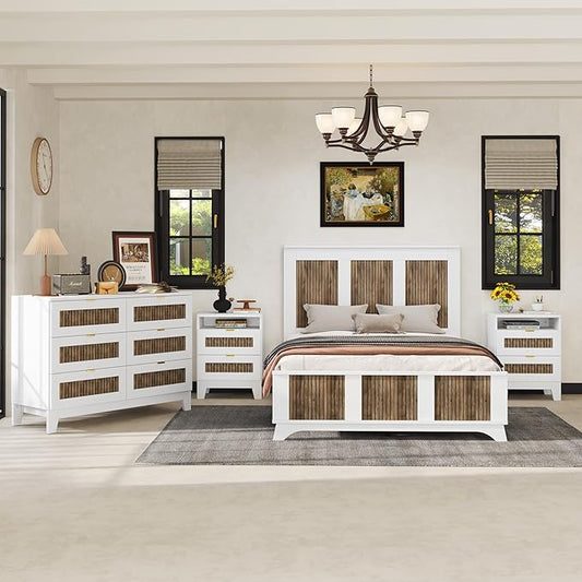 4 Pieces Bedroom Sets Full Size Farmhouse Platform Bed with Wooden Strip Decoration, 2 Storage Nightstands and A 6-Drawer Dresser with Metal Handle for Kids Teens Adults - White