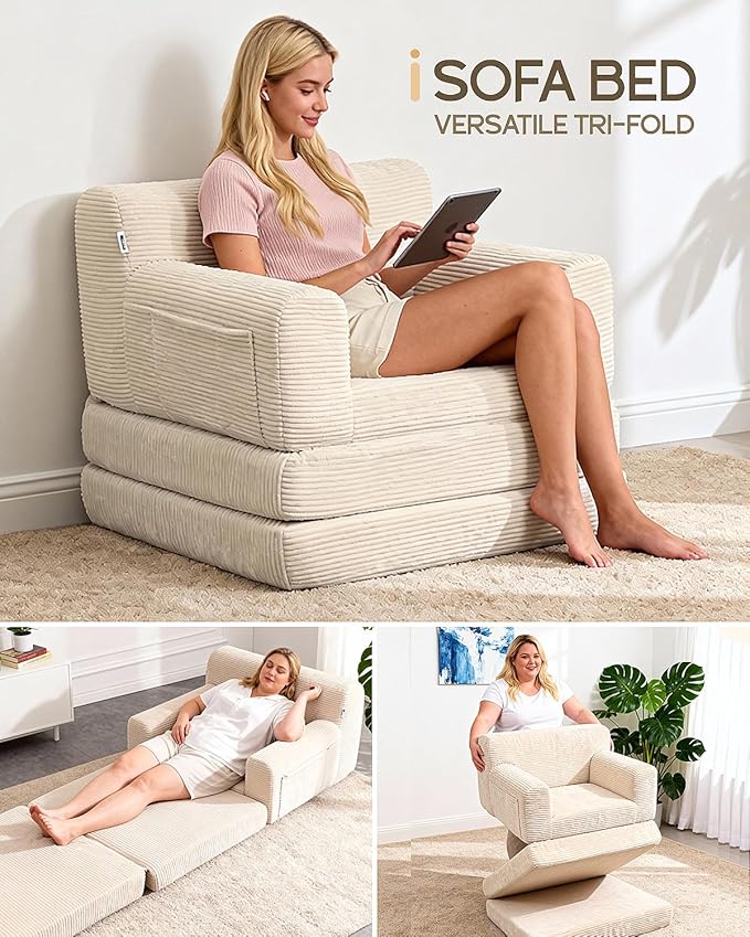 Boneless Couch Sofa Bed, Convertible Sleeper Chair with One-Piece High-Density Foam (No Lumps), Foldable Floor Mattress for Adults Guest Gaming, Non-Slip, Side Pockets, 84"x35", No Assembly