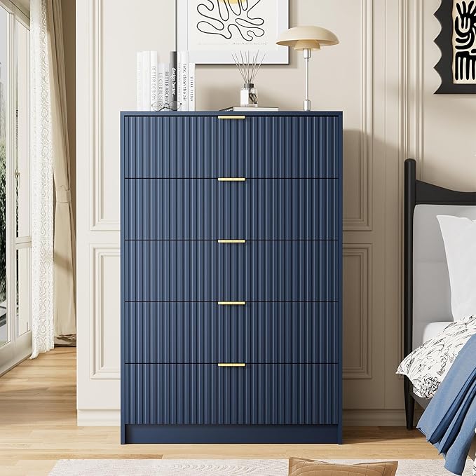 Furniway Navy Blue Dresser Bedroom Set 3 Pieces, Nightstands Sets of 2, 5 Drawer Dresser with Gold Handles for Bedroom