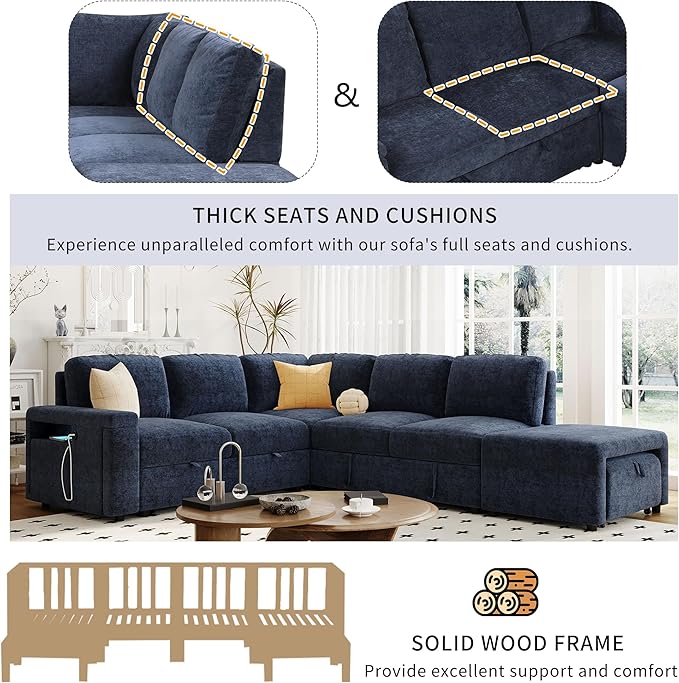 Ball & Cast 91" L-Shaped Modular Padded Cloud Sectional Fabric Sofa Set with Pull Out Bed, Convertible Sectional Couches w/Storage Space and USB Ports & Cup Holders on The Armrests,Blue