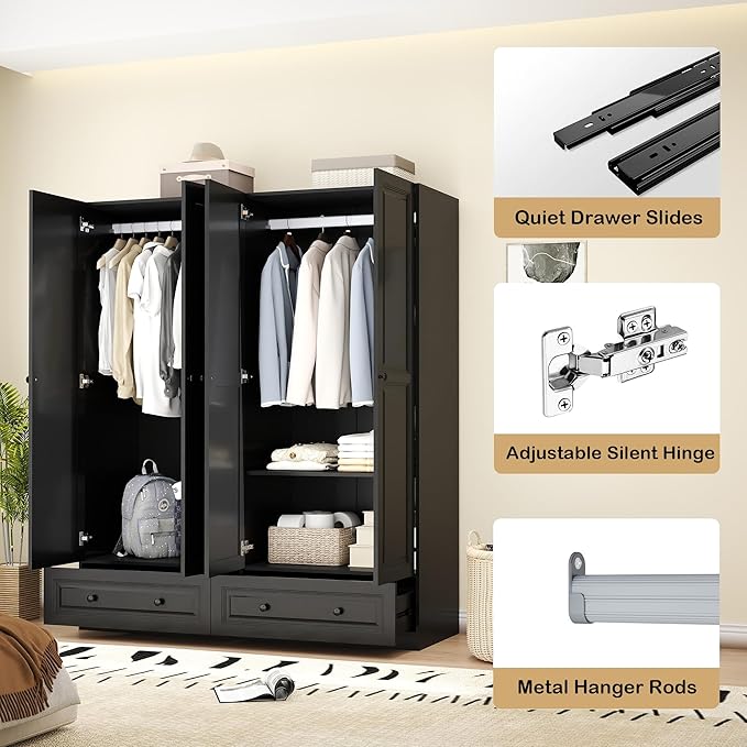 Armoire Wardrobe Closet with Drawer: Bedroom Wardrobe Closet for Hanging Clothes, Wood Cabinet for Clothes with Doors, Armoire with Shelves (Black, 63")
