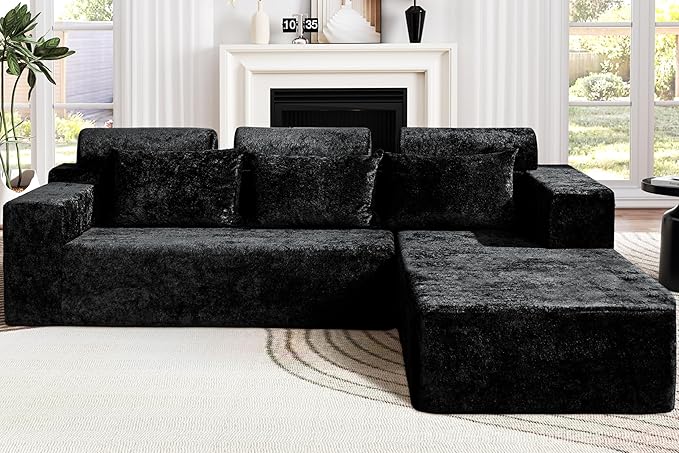 Homguava Modular Sectional Couches for Living Room,105" Cloud Couch with L-Shape Chaise,Comfy Sofa Living Room Couch with Deep Seat,No Assembly L Couch,Luxury Distressed Velvet(Black,R)