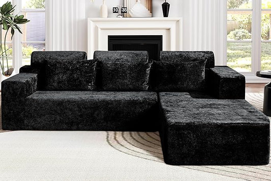 Homguava Modular Sectional Couches for Living Room,105" Cloud Couch with L-Shape Chaise,Comfy Sofa Living Room Couch with Deep Seat,No Assembly L Couch,Luxury Distressed Velvet(Black,R)