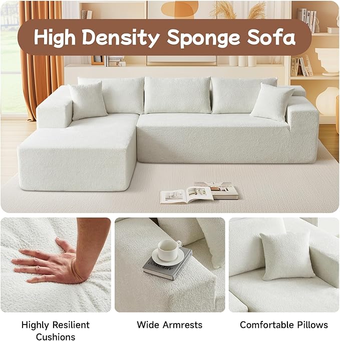 104” Sectional Cloud Couch, L-Shape Compressed Sofa with Left Chaise Lounge, Modular Cloud Couch with 2 Pillows & Deep Seat, Rain Drop Velvet Upholstered Floor Sofa for Living Room, Beige