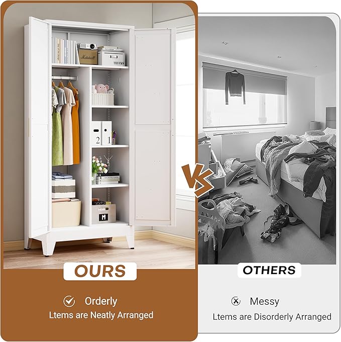 71" Armoire Wardrobe Closet with Hanging Rod & Adjustable Shelves, 2 Doors White Armoire Wardrobe Closet, Metal Clothing Storage Wardrobe Cabinet for Bedroom, Laundry Room, Office