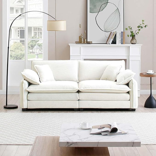 KEIKI 81" Oversized Corduroy Modular Sectional Loveseat Sofa with High-Density Foam Cushions, Removable Armrests, Upholstered Modern 2-Seater Fluffy Corner Couch with 4 Pillow, for Living Room, Beige