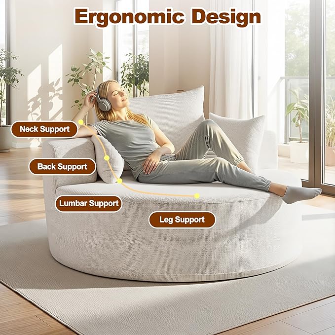 55'' Oversized Round Boneless Chaise Lounge Chair Indoor, Upholstered Corduroy Deep Seat Cloud Large Circle Sofa Couches Bed Corduroy Modern Floor No Assembly Sleeper Bed for Living Room, Bedroom