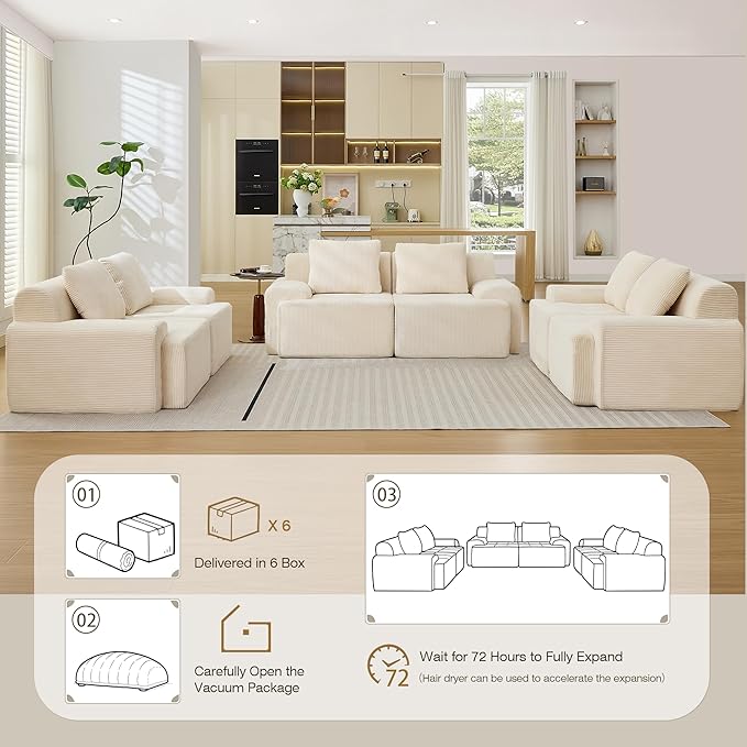 Modular Sectional Sofa, 6 Seat Modular Couch, Modular Sofa with Deep Seat and Detachable Pillow (White, 6 Pieces-Rowshape 3 Side)