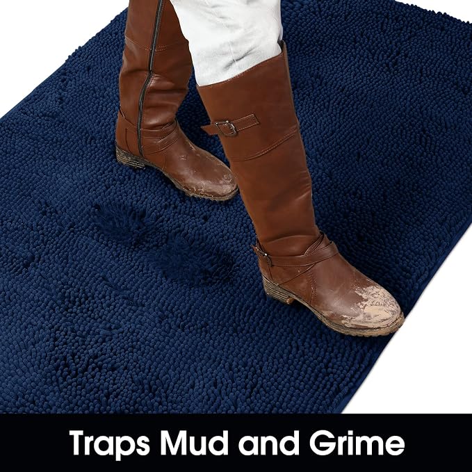 HOMEIDEAS Doormat Indoor Entrance, 48"x30", Highly Absorbent Chenille Large Muddy Dog Washable Non Slip Front Welcome Door Mat for Entryway, Navy Blue - Image 3