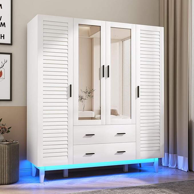 Hlivelood 4 Door Armoire Wardrobe Closet Cabinet with Drawers and LED Lights, Multi-Tier Shelves, Hanging Rod & 4 Louver Doors, Large Capacity Storage Wardrobe Armoire for Bedroom, White