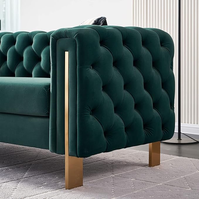 KEIKI 84" Chesterfield Velvet Tufted Button Sofa with Removable Cushions and 2 Toss Pillows, Modern 3-Seater Couch with 4 Gold Metal Legs, Easy Assembly, for Living Room, Bedroom, Apartment, Green
