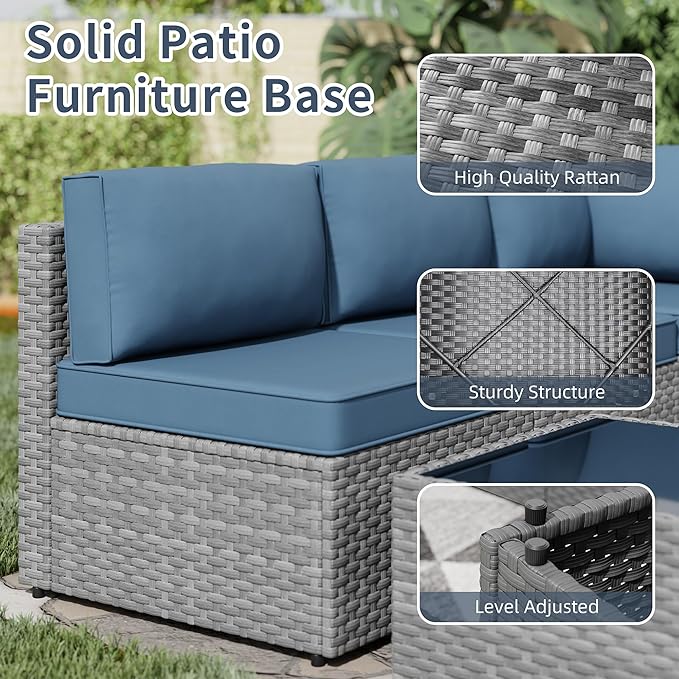 SUNLEI 5 Piece Outdoor Patio Furniture Set with Fire Pit Table, Silver PE Rattan Wicker Conversation Sofa Set with Blue Cushions, All Weather Sectional Patio Couch for Backyard, Deck, Garden, Porch