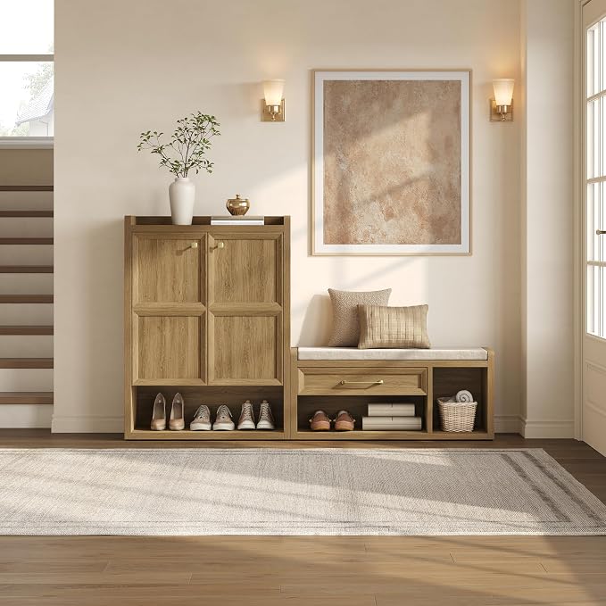 SICOTAS Shoe Bench with Storage, 40.6" Extra Wide Farmhouse Entryway Bench with Cushion, Drawer & Tall Boot Shelf, 18.9" Comfort Height Seat, Large Storage Bench for Bedroom Hallway Mudroom,Brown Oak - Image 7