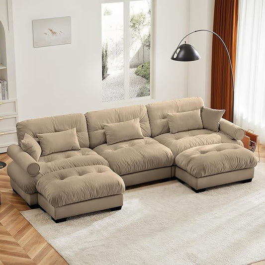 KEIKI 130" U-Shaped Oversized Velvet Modular Sectional Sofa with 2 Ottoman, High-Density Foam Cushions and Bolstered Armrests, Upholstered 3-Seater Cloud Couch with 5 Pillow, for Living Room, Camel