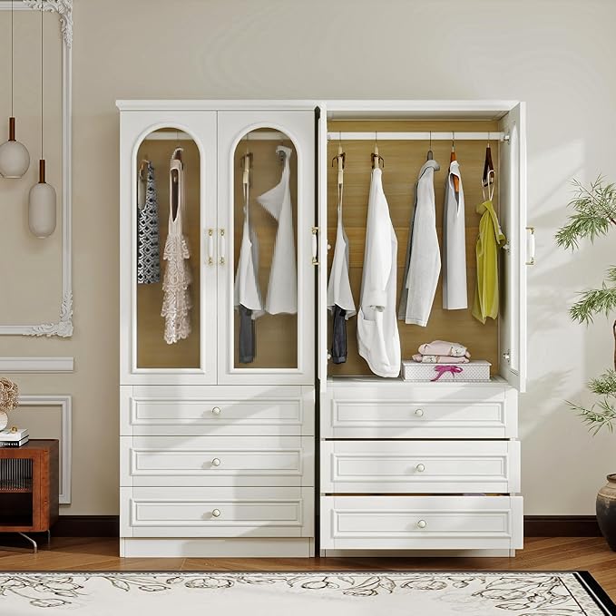 Solid Wood Armoire Wardrobe Closet, 4 Door Solid Wood Wardrobe Cabinet with 2 Drawers, Armoire Closet with Hanging Rods Storing Clothes for Bedroom (White-26)