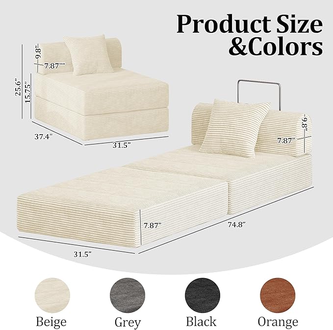 HouseMila Sofa Bed Couch,Convertible Boneless Couch Compressed Chair Comfy Boneless Chair Floor Lounge Chair with Pillow,No Assembly Folding Sofa Beds for Living Room Bedroom Guest Room(Single,Beige
