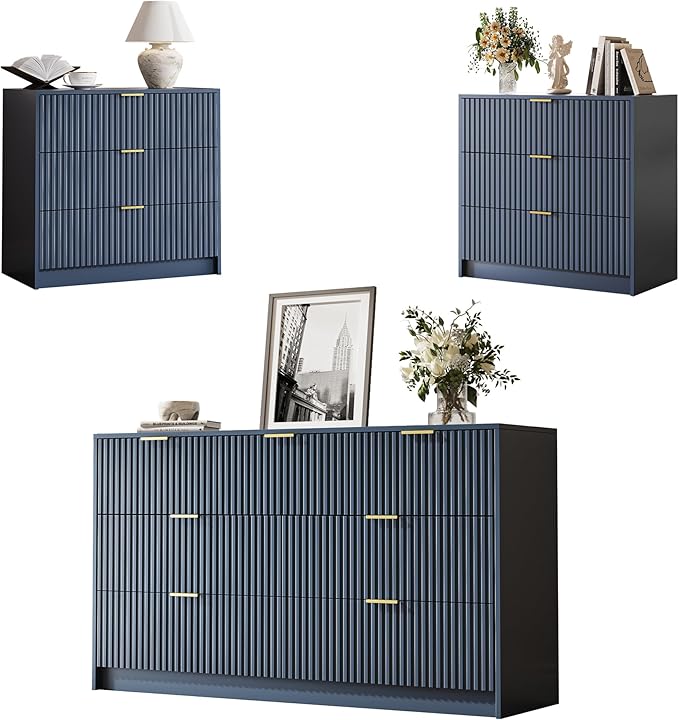 MAISONARIA 3-Piece Dresser Bedroom Set, 7 Drawer Dresser & 3 Drawer Nightstands with Gold Handles, Fluted Wood Chest of Drawers for Bedroom, Living Room, Entryway, Navy Blue