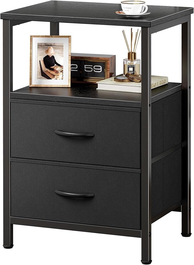 Huuger Night Stand with 2 Drawers, Bed Side Table with Open Shelf, Wooden Top, Nightstand for Bedroom, End Table for Small Space, Fabric Drawer, Black by Huuger
