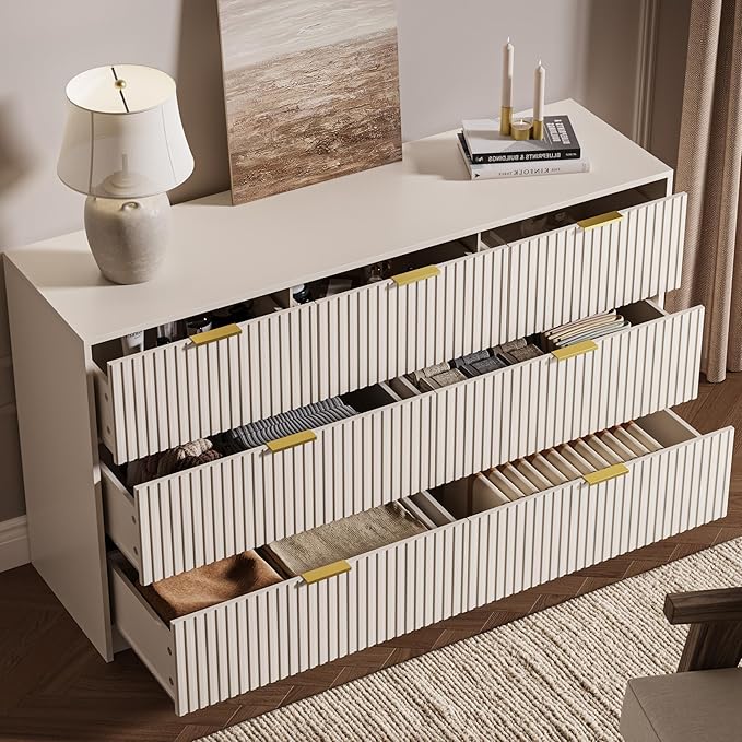 MAISONARIA 3 Piece Dresser Bedroom Set, 7 Drawer Dresser & 3 Drawer Nightstands with Gold Handles, Fluted Wood Chest of Drawers for Bedroom, Living Room, Entryway, Beige