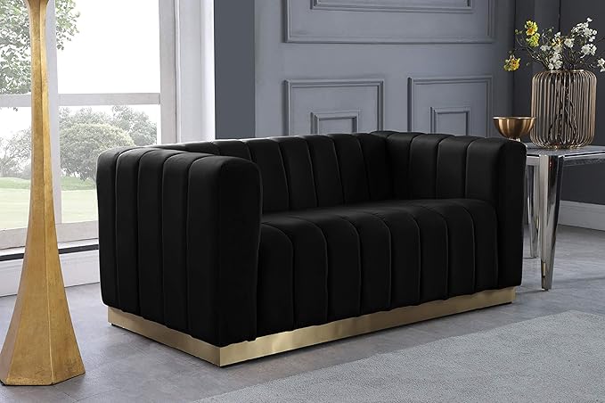 Meridian Furniture 603Black-L Marlon Collection Modern | Contemporary Velvet Upholstered Loveseat with Deep Channlel Tufting and Brushed Gold Finish, Black, 62.5" W x 34" D x 28" H