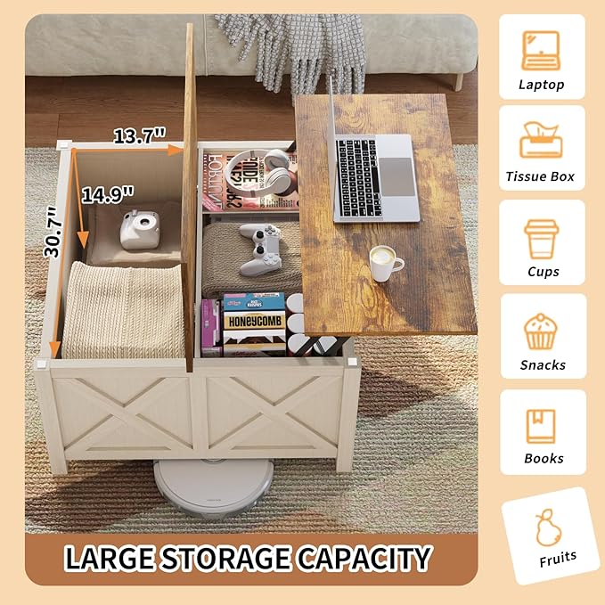 Lift Top Coffee Table with Storage, 31.5" Farmhouse Coffee Tables with Wooden Lift Tabletop and Hidden Compartment Square Center Table for Living Room, Home Office Small Space, White