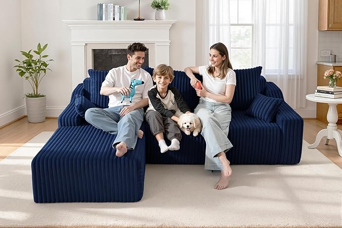 Homguava 94'' Cloud Sectional Couch, Modular L-Shape Couch with Chaise, Boneless Sofa with Deep Seat for Living Room Bedroom,No Assembly Required(Blue,Left Facing Chaise)