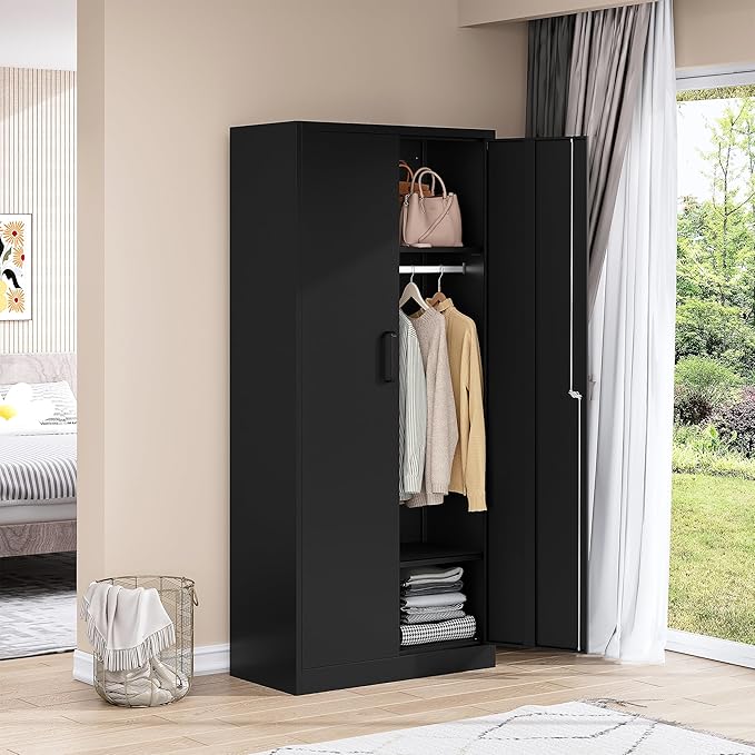 Metal Wardrobe Closet Cabinet,Armoire Wardrobe Closets Storage Cabinets with Doors and Shelves for Laundry Room,Bedroom,Home Office,Bathroom(Black)